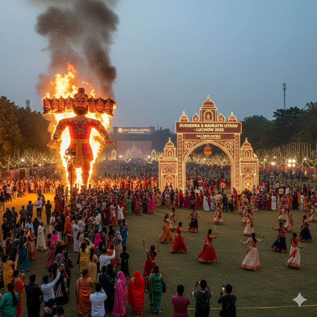 Dussehra and Navratri events in Lucknow 2025 featuring Ravan Dahan, Garba and Dandiya nights, and Boutique & Wedding Expo celebrations.