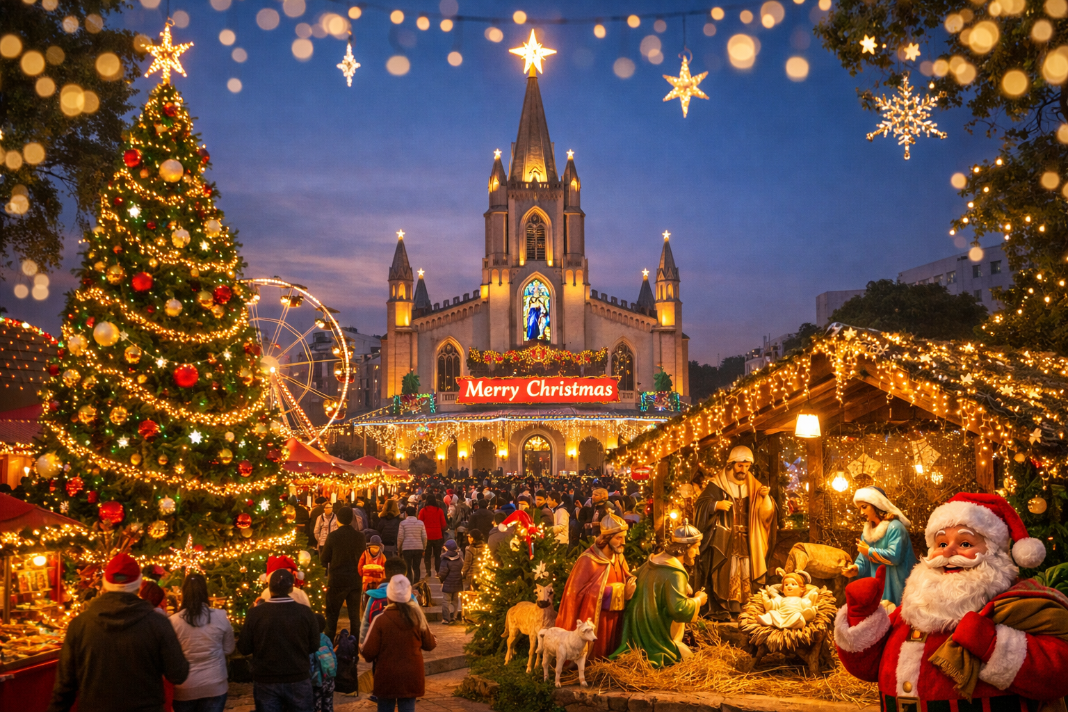 Christmas celebration in Lucknow with St. Joseph Cathedral decorated with lights, Christmas tree, nativity scene, and festive crowd