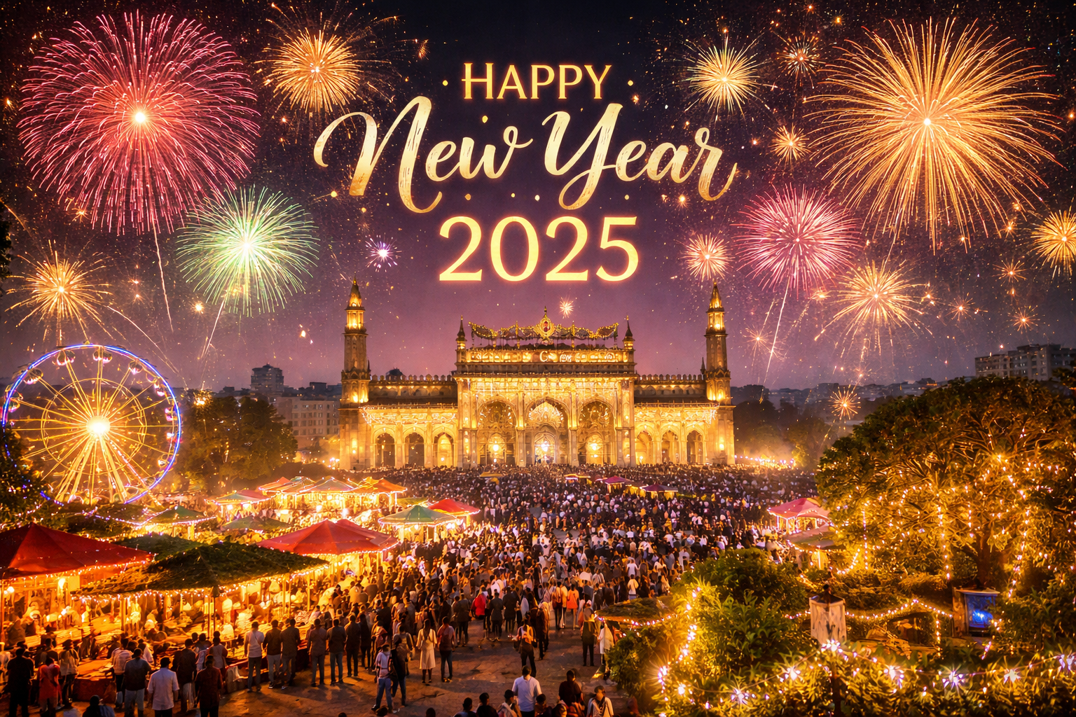 New Year celebration in Lucknow with fireworks, festive lights, crowd gatherings, and illuminated historic landmark welcoming 2025